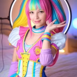 Young woman in detailed anime cosplay posing confidently in bedroom studio setup with ring light, co