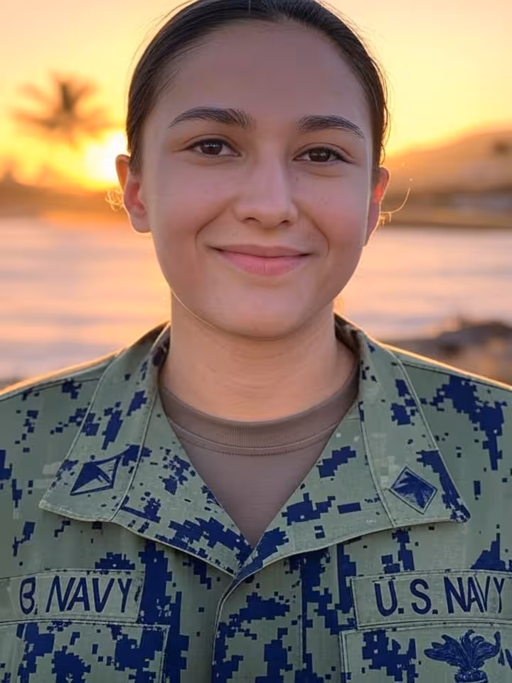 Young woman in US Navy uniform standing on military base, photorealistic style, Hawaii or Japanese m
