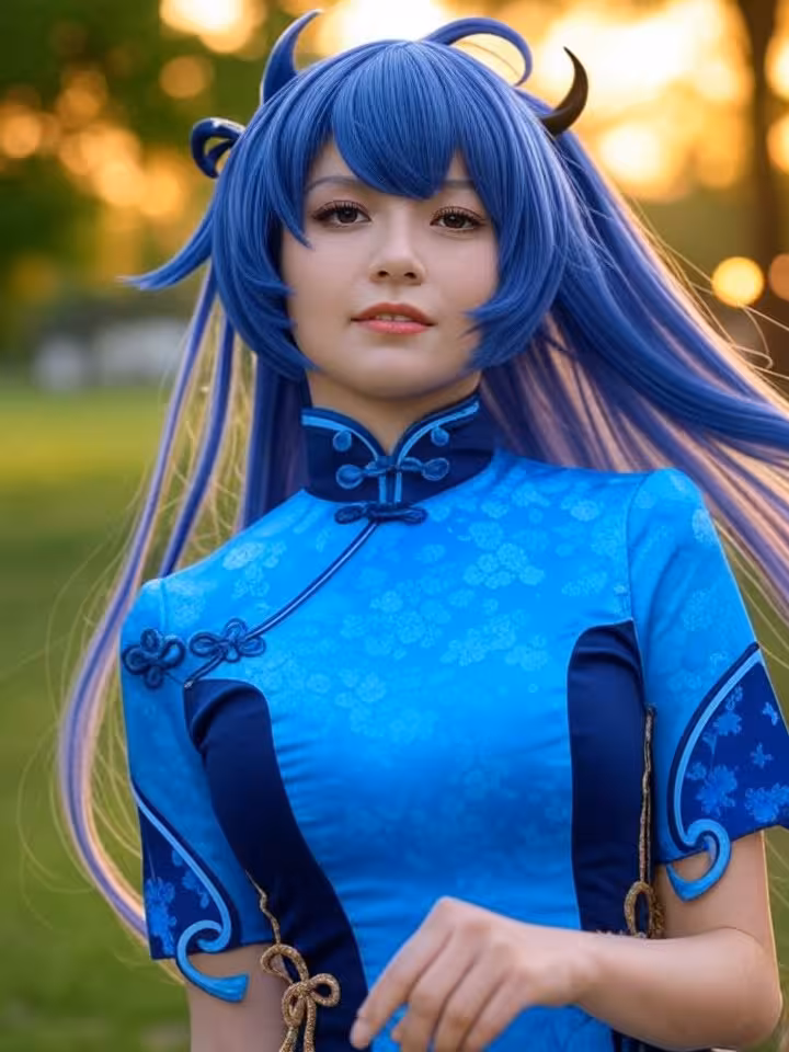 Cosplayer in detailed Ganyu costume from Genshin Impact, blue qipao dress with intricate details, co