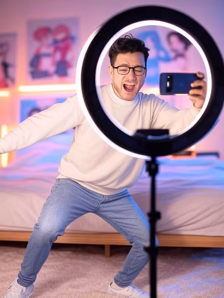 Dynamic social media content creator filming TikTok video, smartphone setup with ring light, modern 
