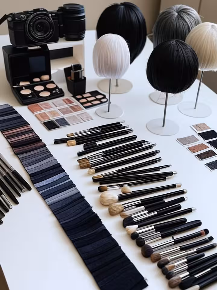 Creative flat lay of cosplay equipment and props, camera, wigs on stands, makeup brushes, LED lights