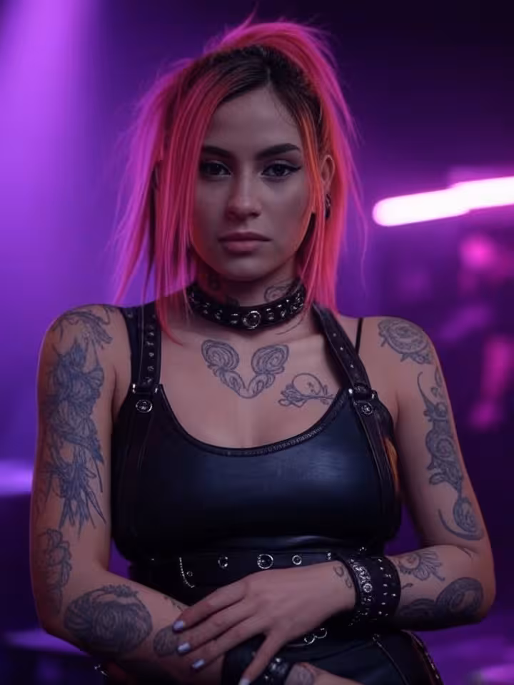 Female pop artist in music music video setting, edgy alternative fashion with tattoos visible, dramatic st