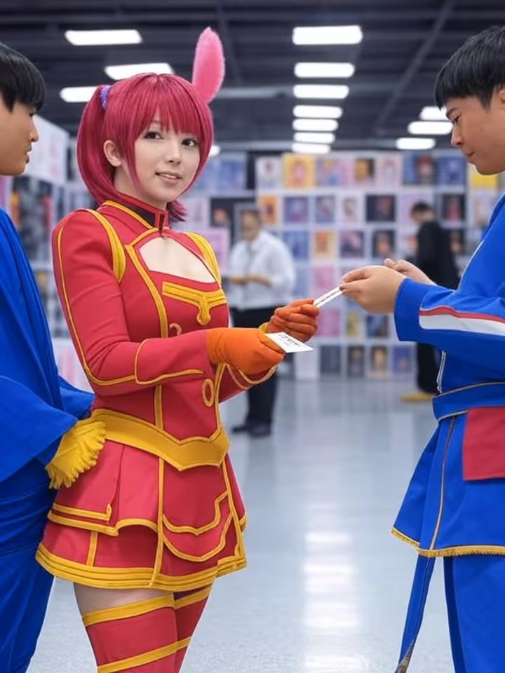 Anime convention hall busy scene, cosplayers exchanging business cards, colorful costumes, vendor bo