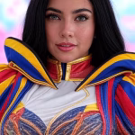 Professional photorealistic portrait of a beautiful Venezuelan cosplayer with long dark hair, wearin