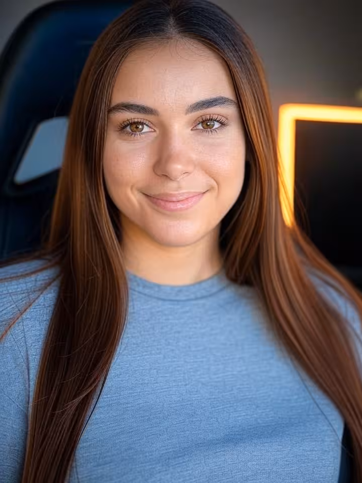 Professional portrait of a young Middle Eastern-Canadian woman with long brown hair and warm brown e