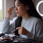 Michelle Phan: Beauty YouTube pioneer who revolutionized the digital beauty industry Young Vietnamese-American woman filming beauty tutorial at home setup, ring light visible, makeup pr
