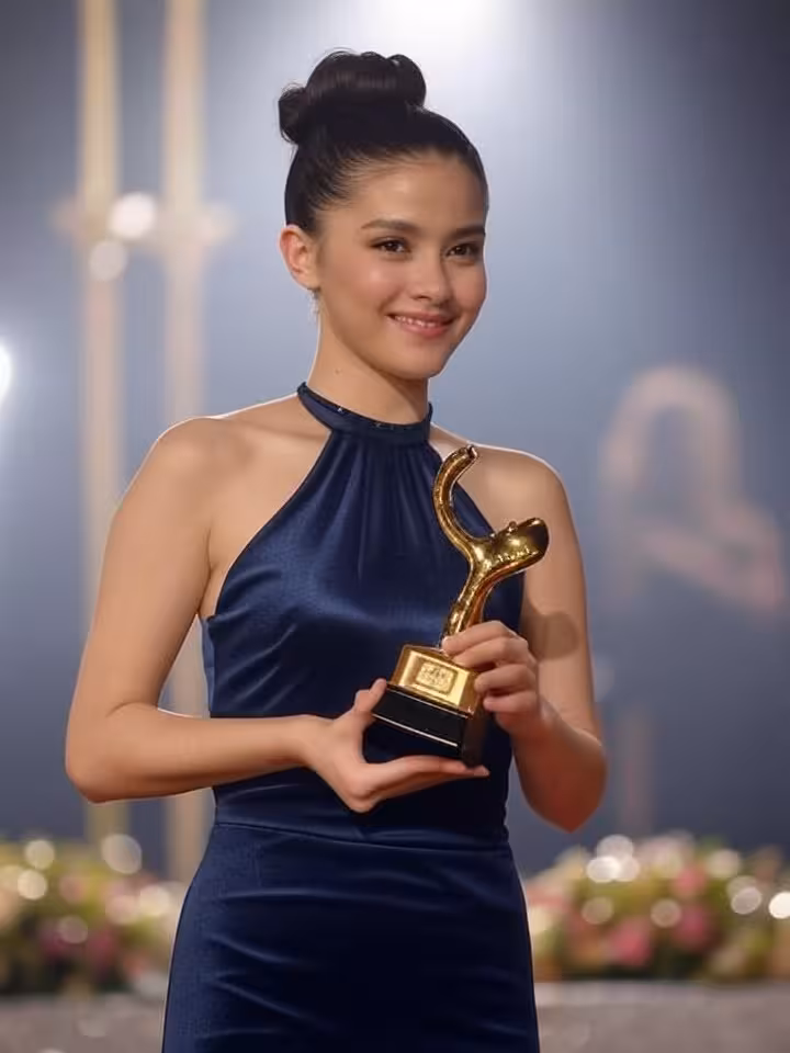 Professional award ceremony ceremony moment, young female streamer holding a golden trophy on stage, elegant