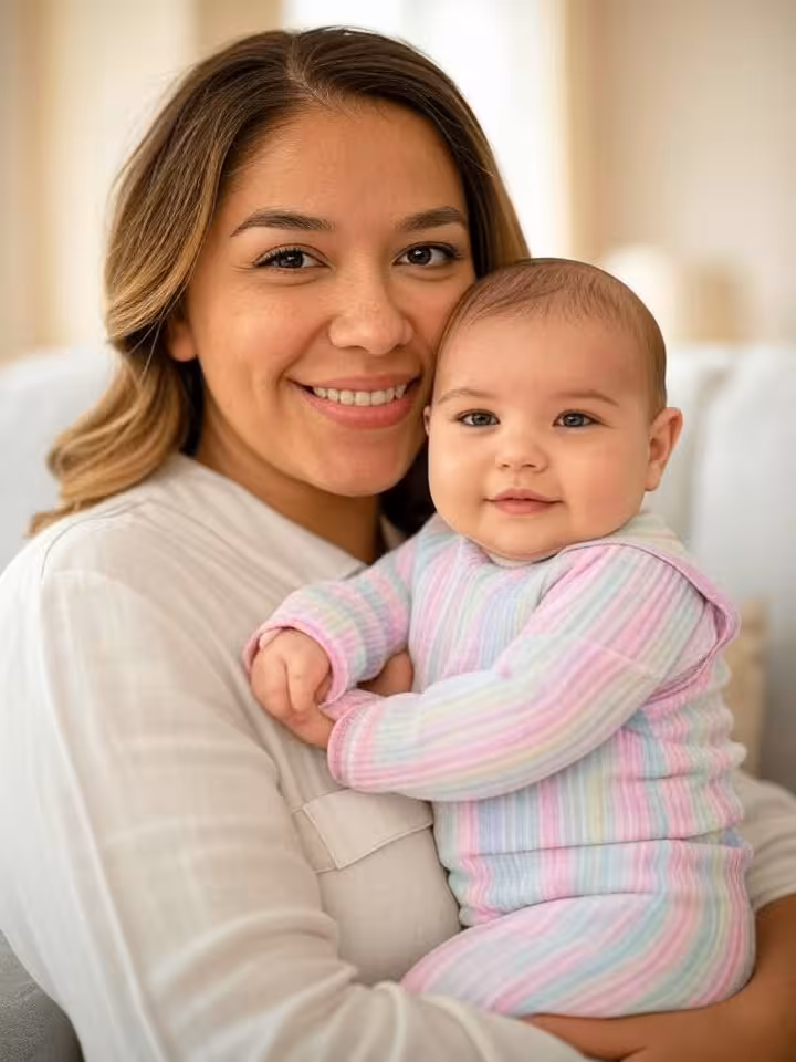 Happy young latina mother with baby daughter, tender family moment, soft natural lighting, warm colo